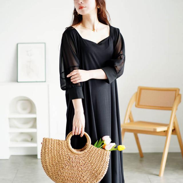 シアースリーブダイヤモンドネックワンピース