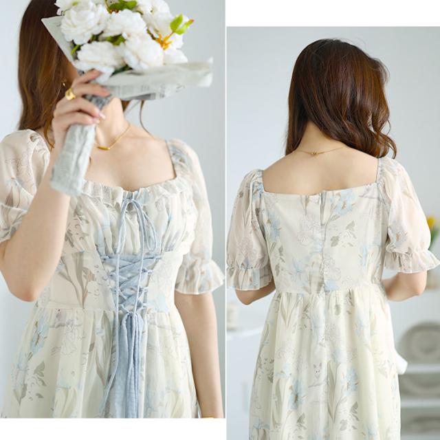 ウエストレースアップシフォンワンピース