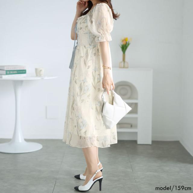 ウエストレースアップシフォンワンピース