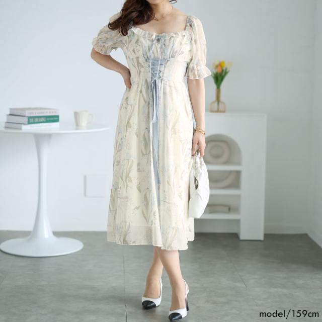 ウエストレースアップシフォンワンピース