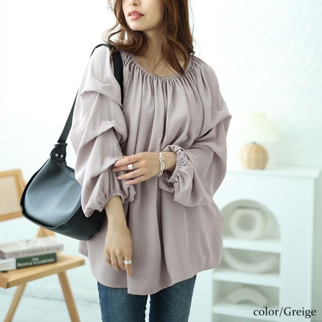 2wayギャザーネックタックボリュームスリーブプルオーバー