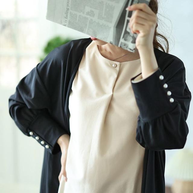パールボタンロングトッパーカーディガン＆ブラウス2点セット