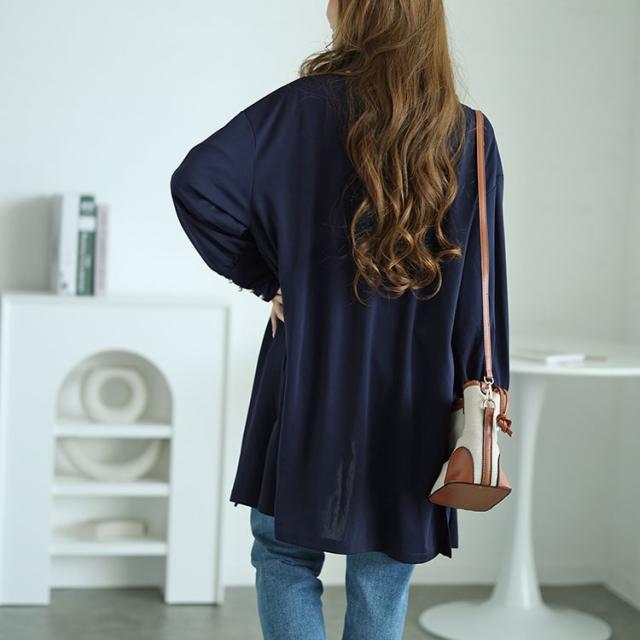 パールボタンロングトッパーカーディガン＆ブラウス2点セット