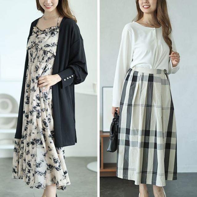 パールボタンロングトッパーカーディガン＆ブラウス2点セット