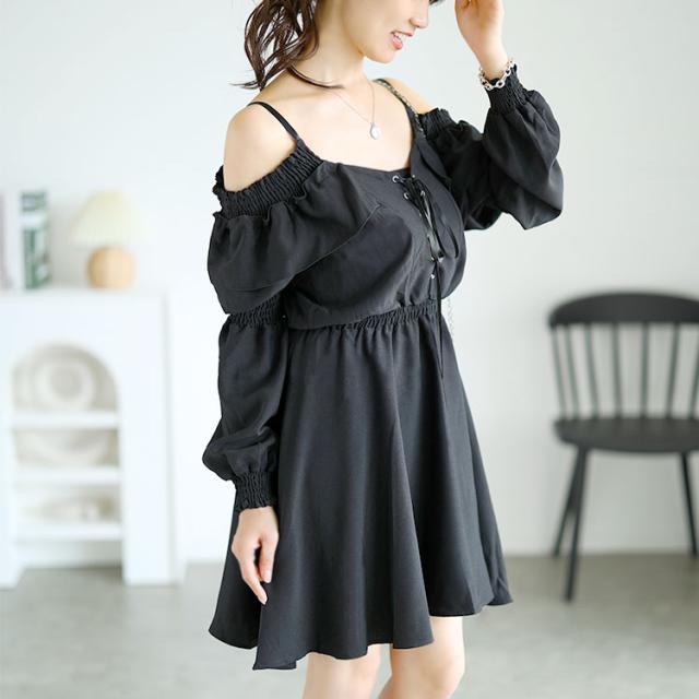 レースアップオフショルワンピース