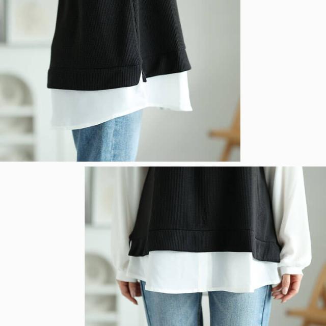 シフォンバンドカラーシャツフェイクレイヤードプルオーバー