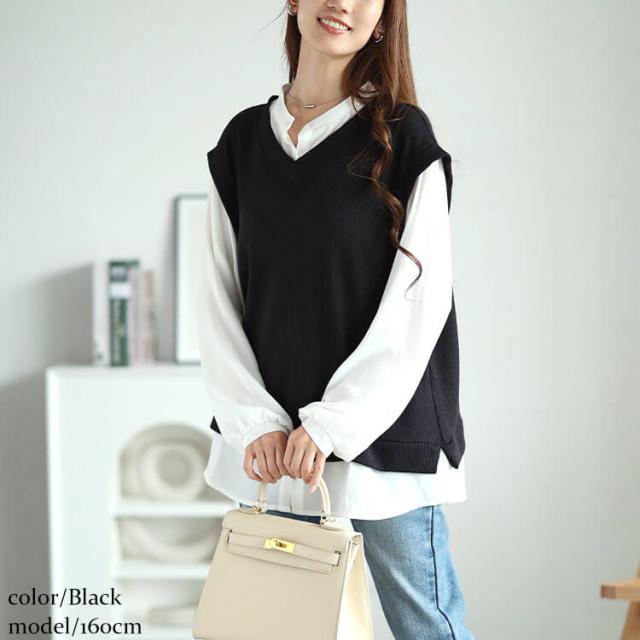 シフォンバンドカラーシャツフェイクレイヤードプルオーバー