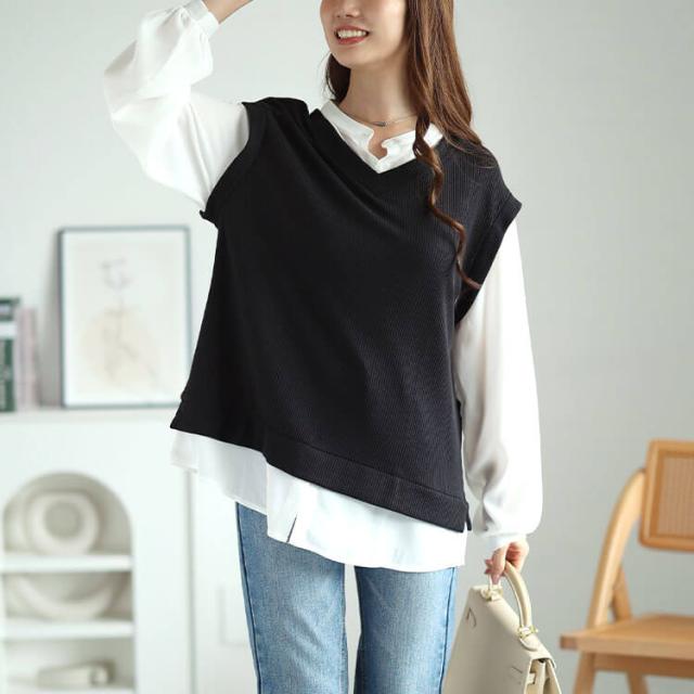 シフォンバンドカラーシャツフェイクレイヤードプルオーバー