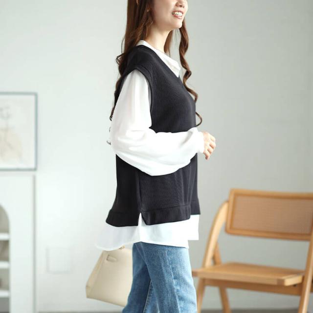 シフォンバンドカラーシャツフェイクレイヤードプルオーバー