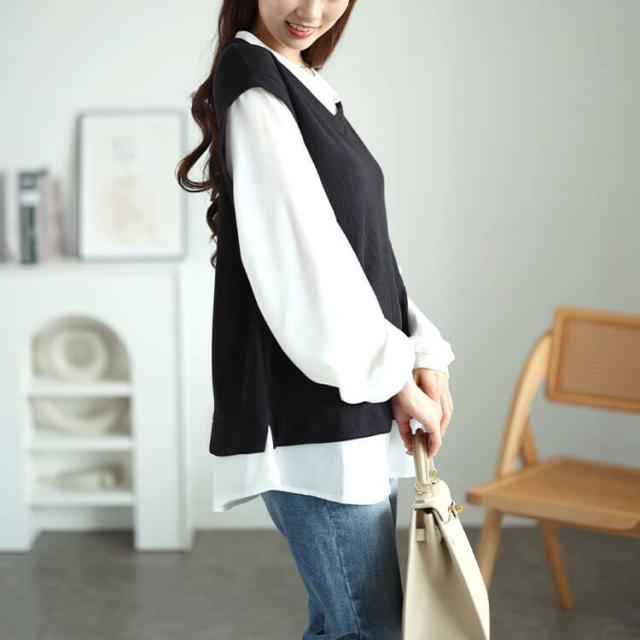 シフォンバンドカラーシャツフェイクレイヤードプルオーバー