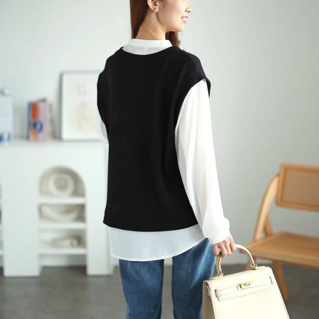 シフォンバンドカラーシャツフェイクレイヤードプルオーバー