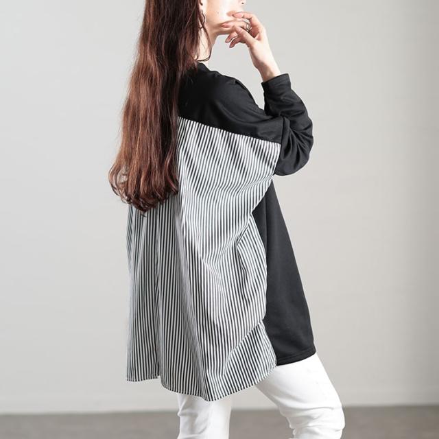 Vネックストライプ切り替えワイドカーディガン