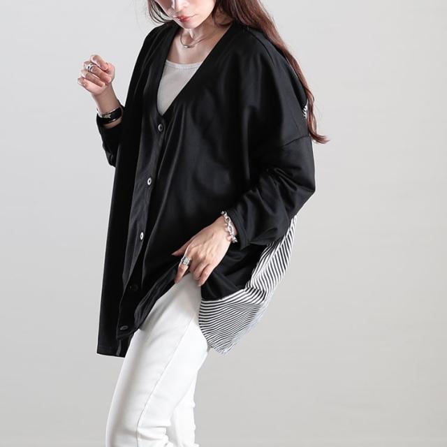 Vネックストライプ切り替えワイドカーディガン