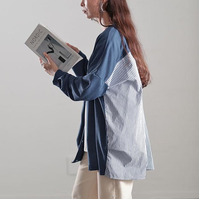 Vネックストライプ切り替えワイドカーディガン