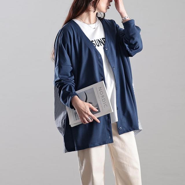 Vネックストライプ切り替えワイドカーディガン