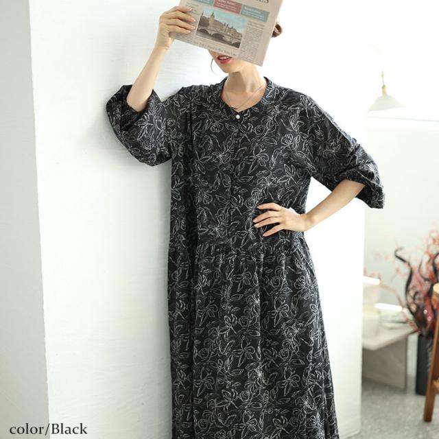 ギャザー切り替え花柄マキシワンピース