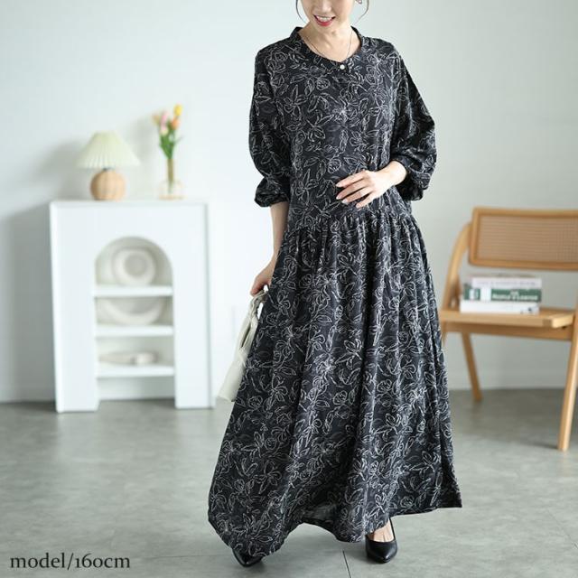 ギャザー切り替え花柄マキシワンピース