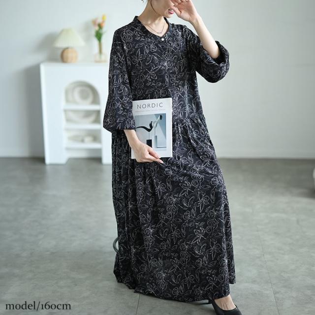 ギャザー切り替え花柄マキシワンピース