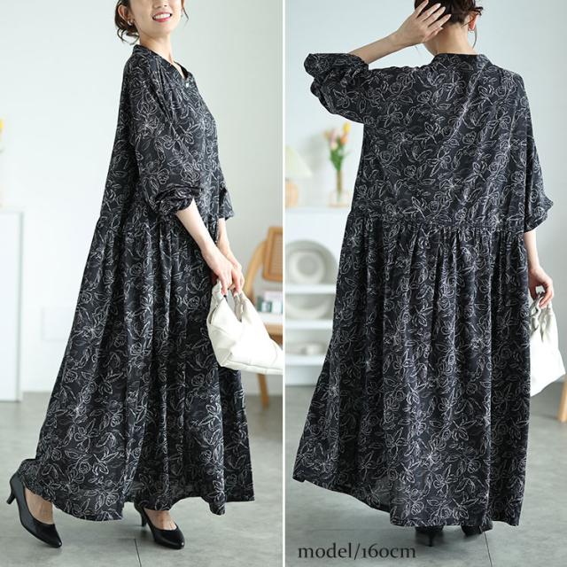 ギャザー切り替え花柄マキシワンピース