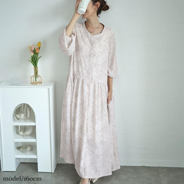 ギャザー切り替え花柄マキシワンピース