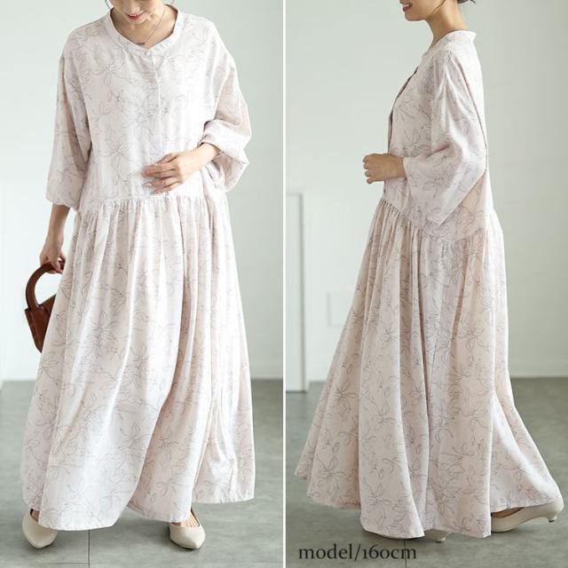 ギャザー切り替え花柄マキシワンピース