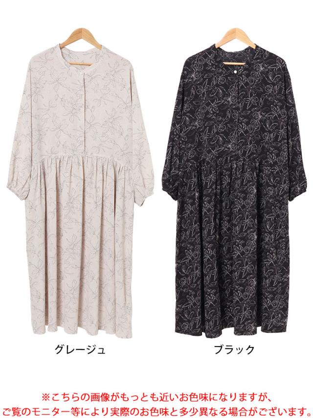 ギャザー切り替え花柄マキシワンピース