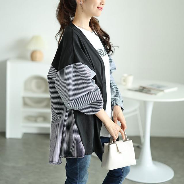 ストライプ切り替えVネックカーディガン