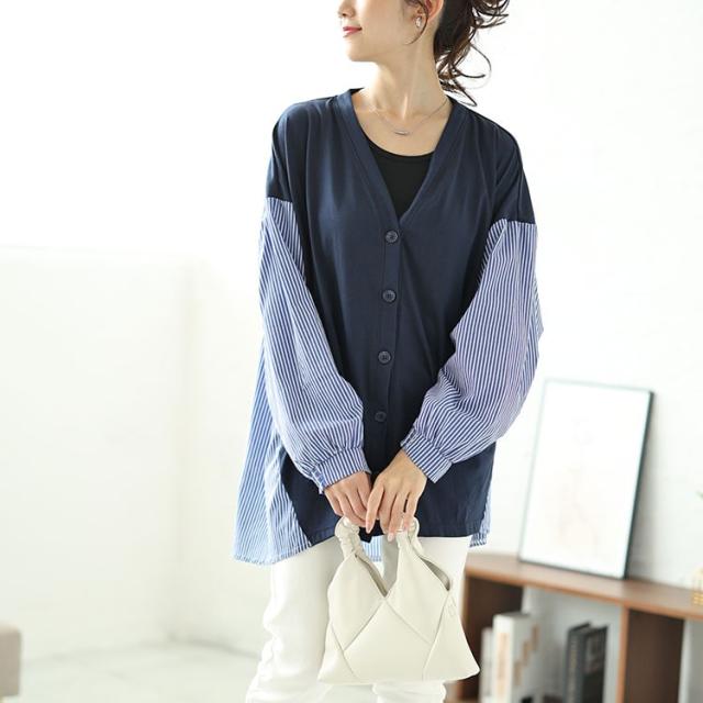 ストライプ切り替えVネックカーディガン