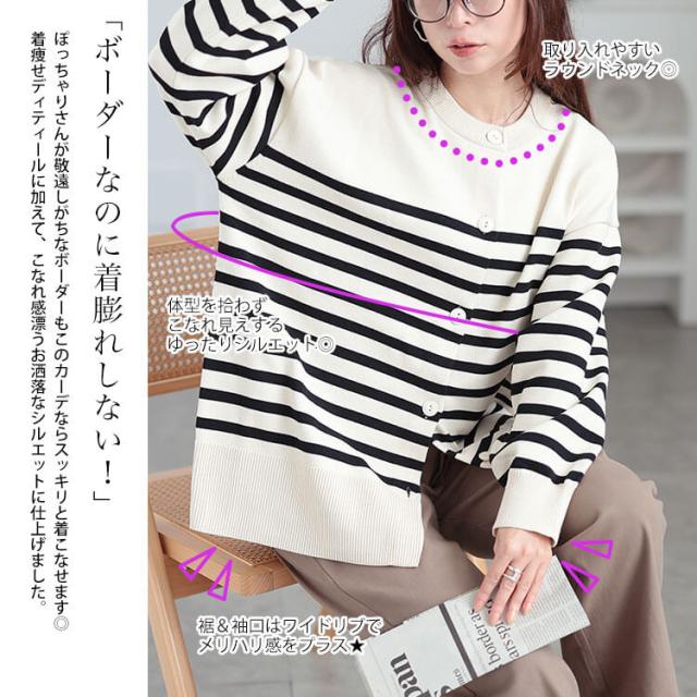 ラウンドネックパネルボーダーカーディガン