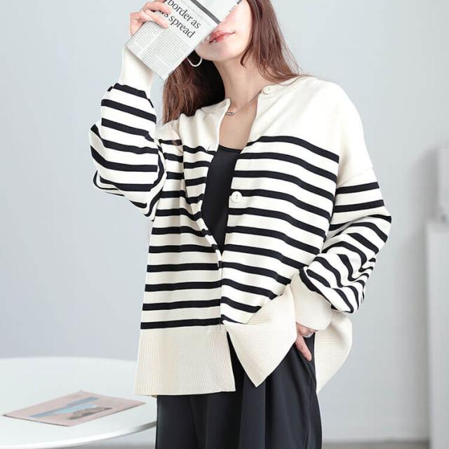 ラウンドネックパネルボーダーカーディガン