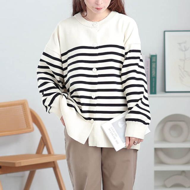 ラウンドネックパネルボーダーカーディガン