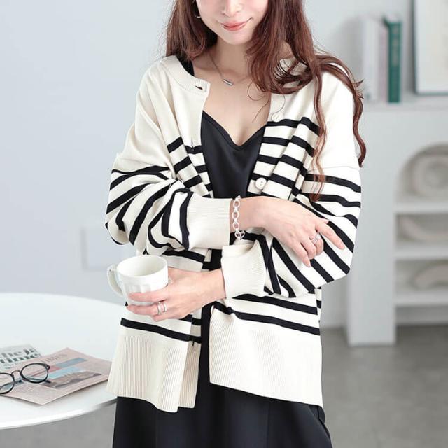 ラウンドネックパネルボーダーカーディガン