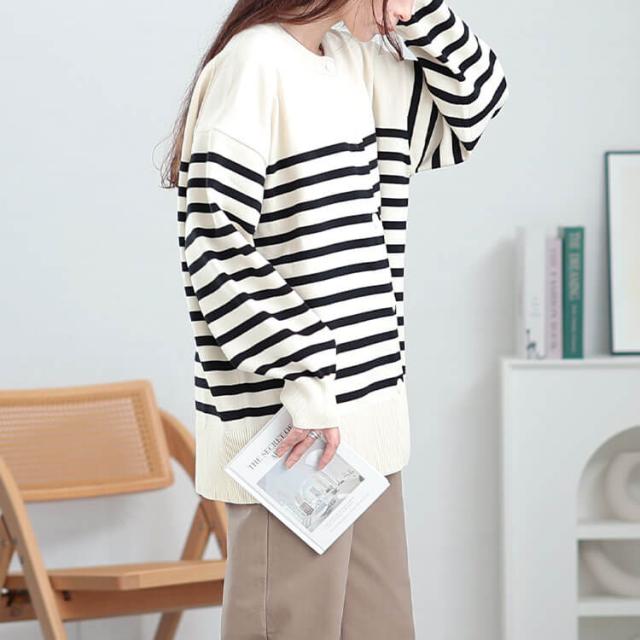 ラウンドネックパネルボーダーカーディガン