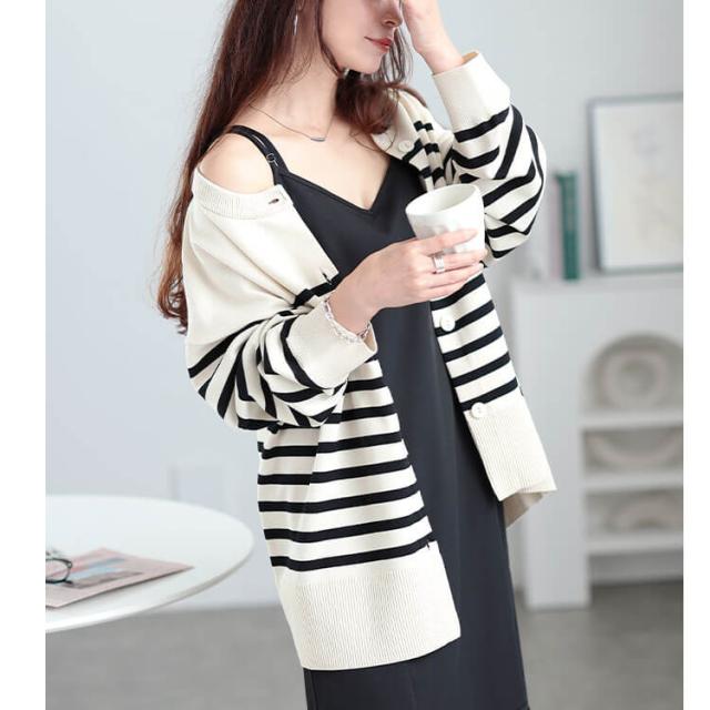ラウンドネックパネルボーダーカーディガン