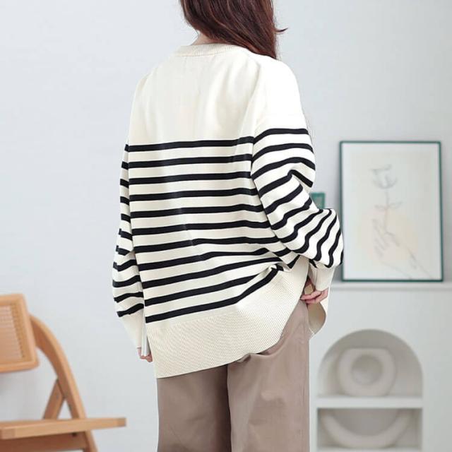 ラウンドネックパネルボーダーカーディガン