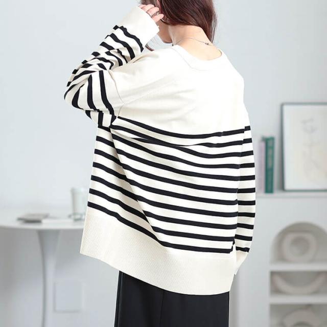 ラウンドネックパネルボーダーカーディガン