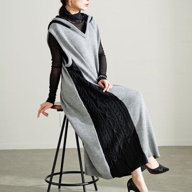 配色ニットノースリーブパーカーワンピース