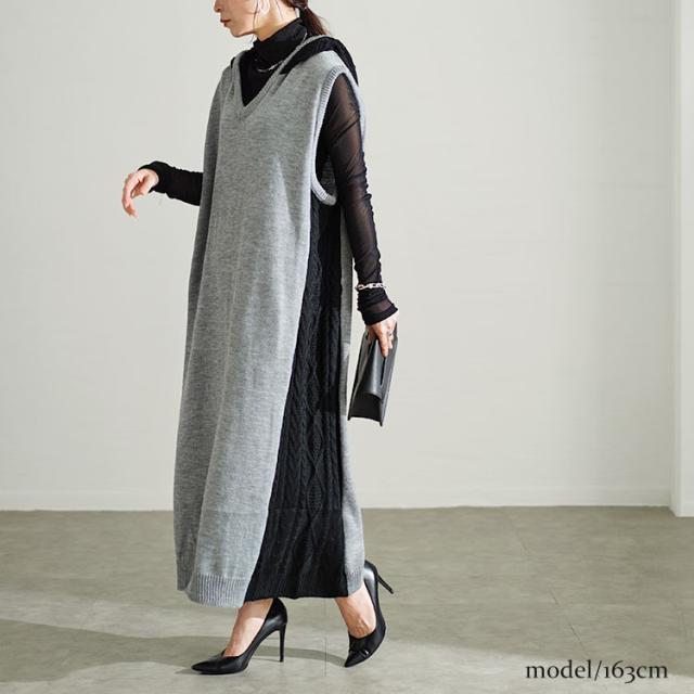 配色ニットノースリーブパーカーワンピース