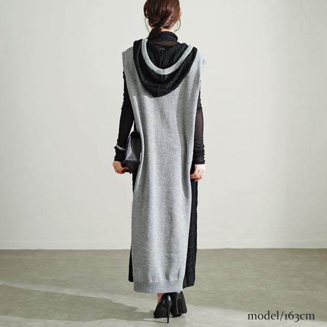 配色ニットノースリーブパーカーワンピース