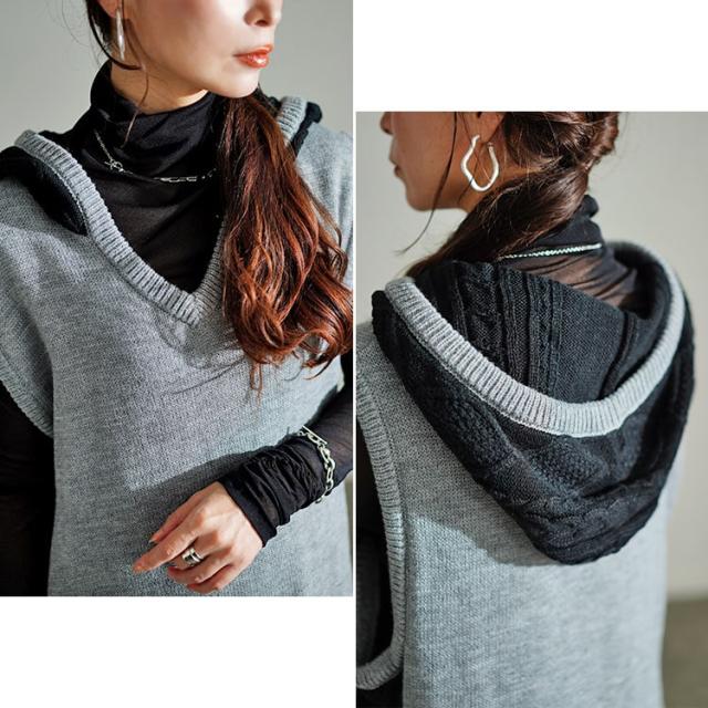 配色ニットノースリーブパーカーワンピース