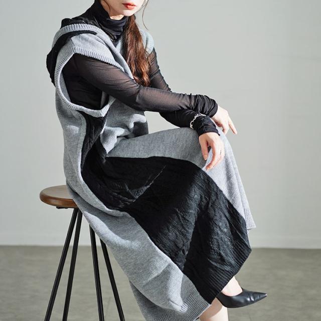 配色ニットノースリーブパーカーワンピース