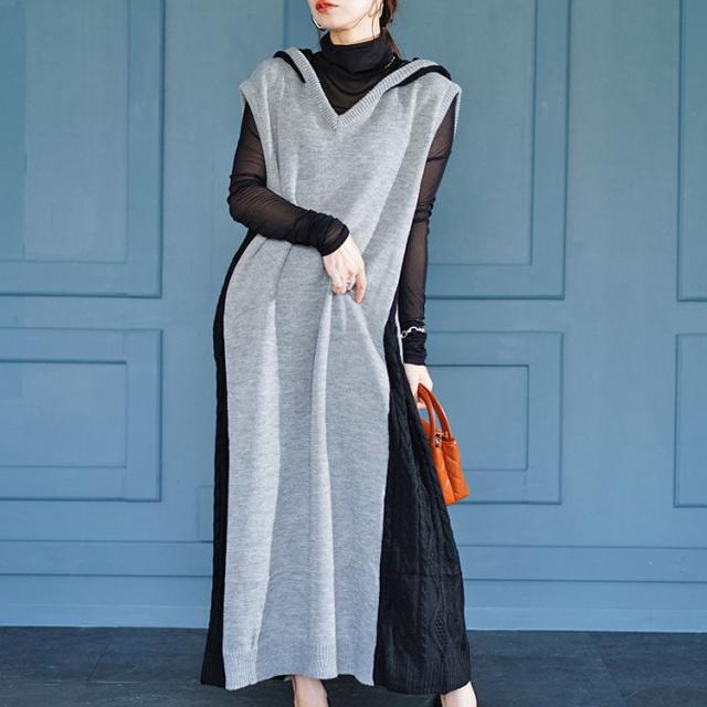 配色ニットノースリーブパーカーワンピース