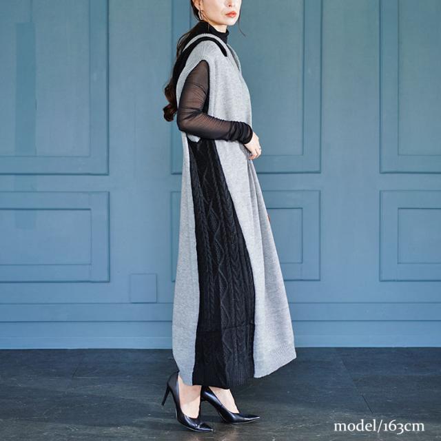 配色ニットノースリーブパーカーワンピース