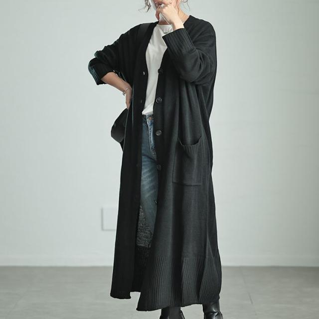 Vネックロングニットカーディガン