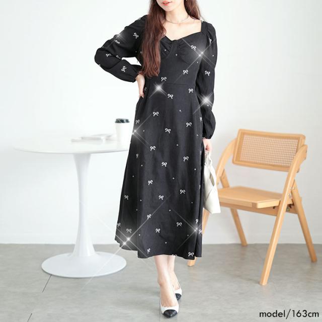 リボン柄ダイヤモンドネックロングワンピース