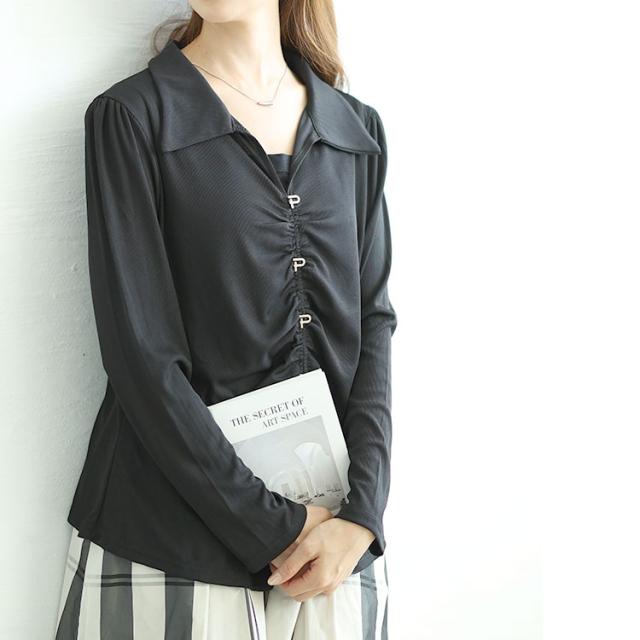 フェイクボタンスキッパーブラウス