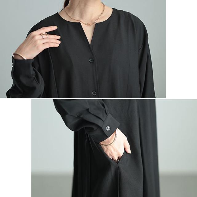 バックプリーツキーネックシャツワンピース