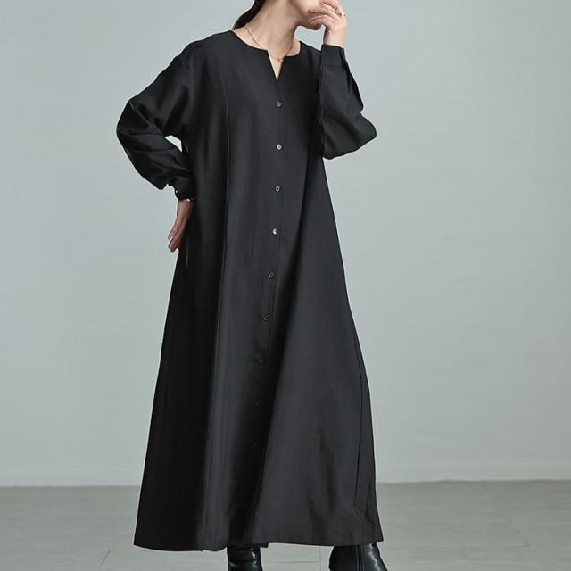 バックプリーツキーネックシャツワンピース