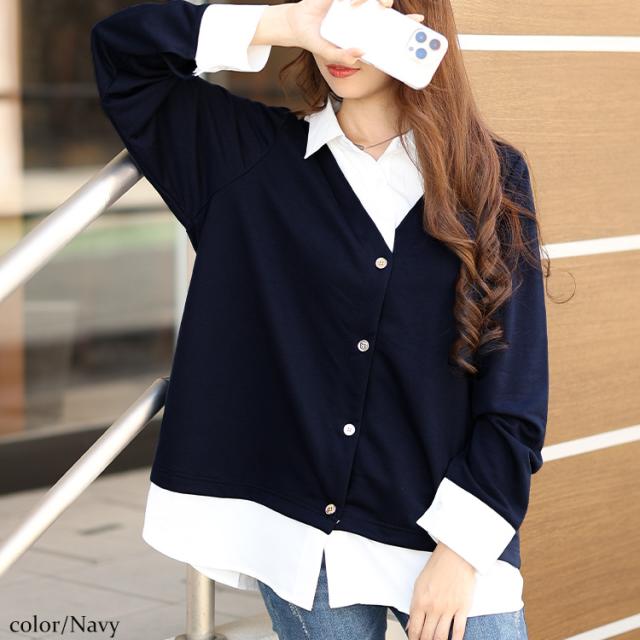 ラウンドカットシャツフェイクカーディガン