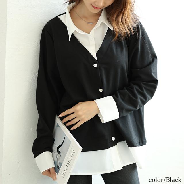 ラウンドカットシャツフェイクカーディガン